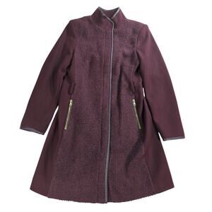 Vince Camuto Wool Blend Coat M Burgundy Zip Up Long Jacket Faux Leather Trim